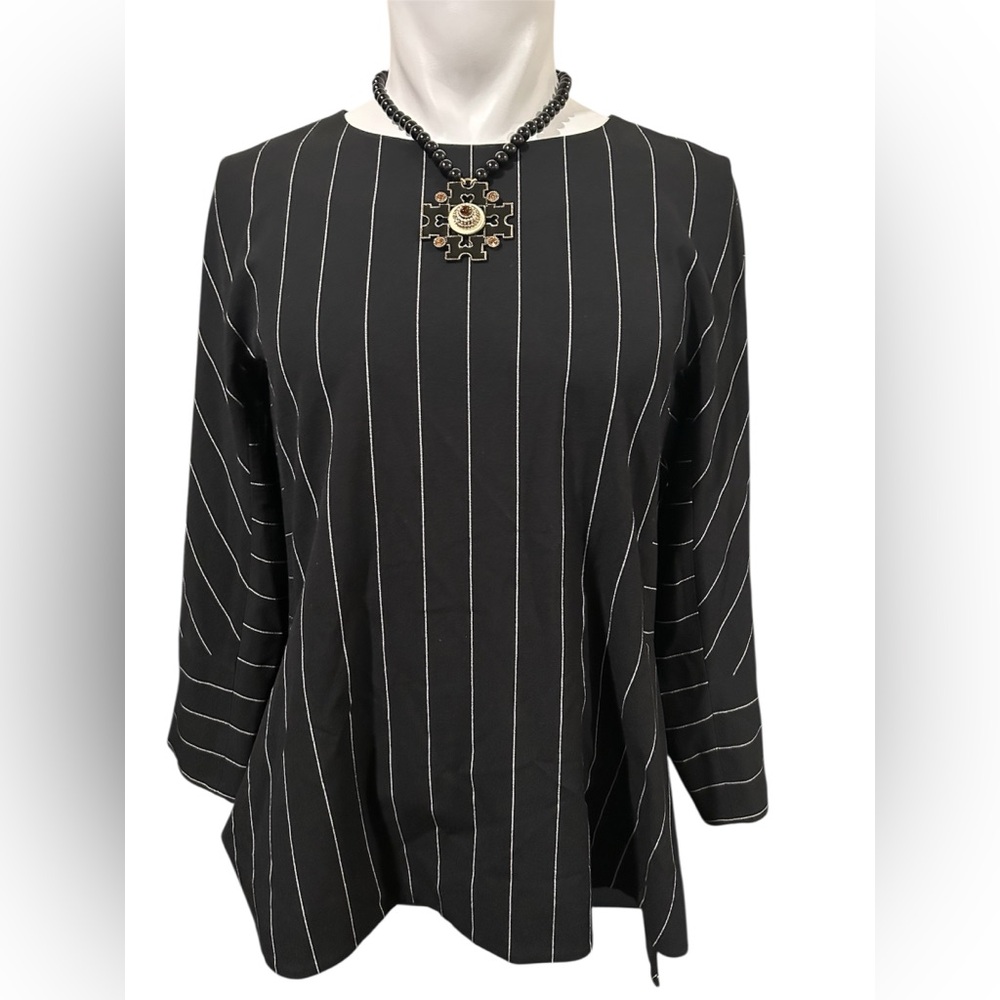 Anne Klein Black Long Sleeve Pinstripe Top